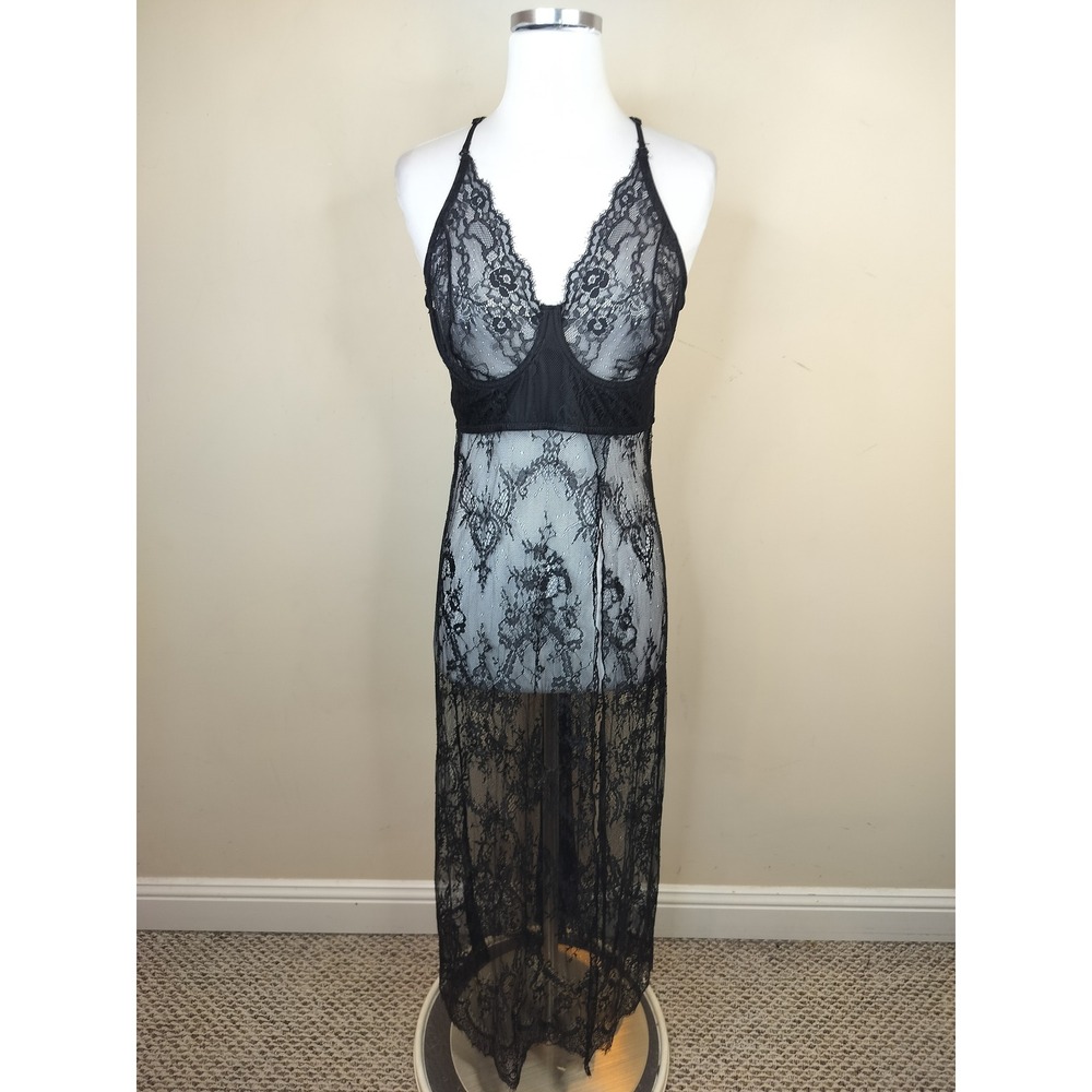 Coquette Sheer Lace Underwire Nightgown Large Maxi Sexy Goth Black
